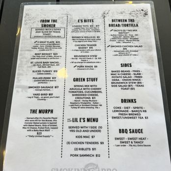 Smokin E’s BBQ menu 1